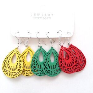 Earrings Wood Large 3pr Hollow Dangle Boho Hippie Canabis Trendy Rasta Raggae
